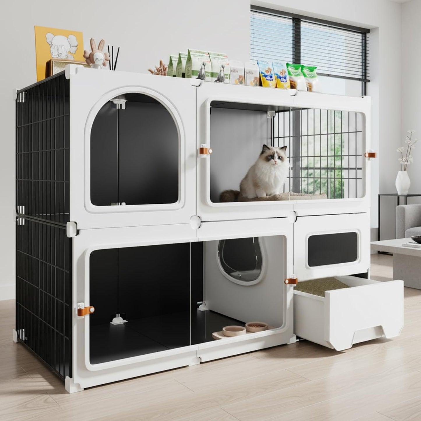Cat Cage Cat Enclosure with Litter Box & Clear Sliding Door, Expandable Cat Playpen, Detachable Metal, Cat Cage Indoor and Outdoor, Ferret Cage