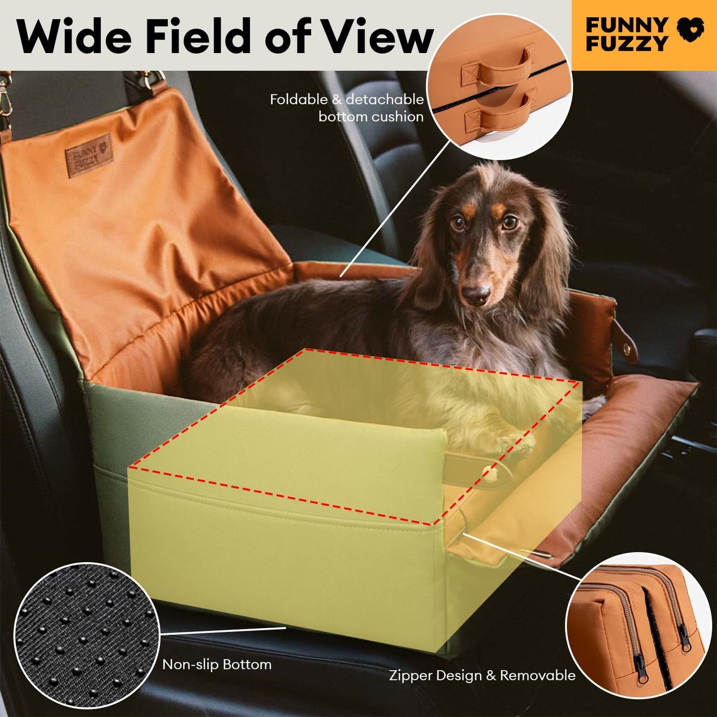 FUNNYFUZZY Dog Car Seat for Small Dogs, Waterproof Dog Booster Car Seats, Faux Leather Pet Vehicle Seat Travel Bed with Thick Cushion, Carseat for Dogs, Orange Green
