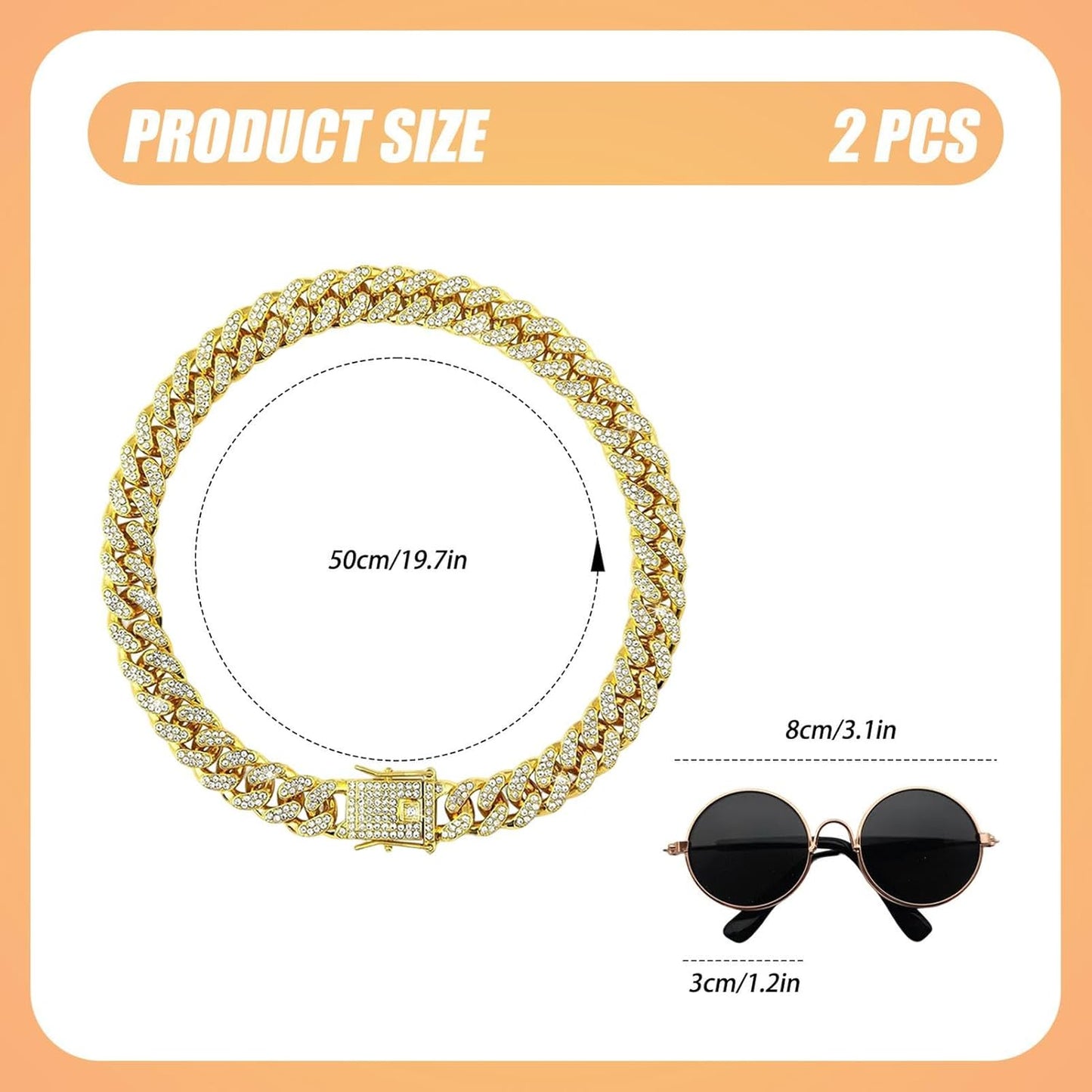 Dog Sunglasses with Rhinestone Diamond Chain Necklace, Cool Glasses Dog Collar Necklace for Cats Dogs Doll, Metal Sunglasses Gold Chain Funny Cute Costumes for Small Pet Holiday Party Costume