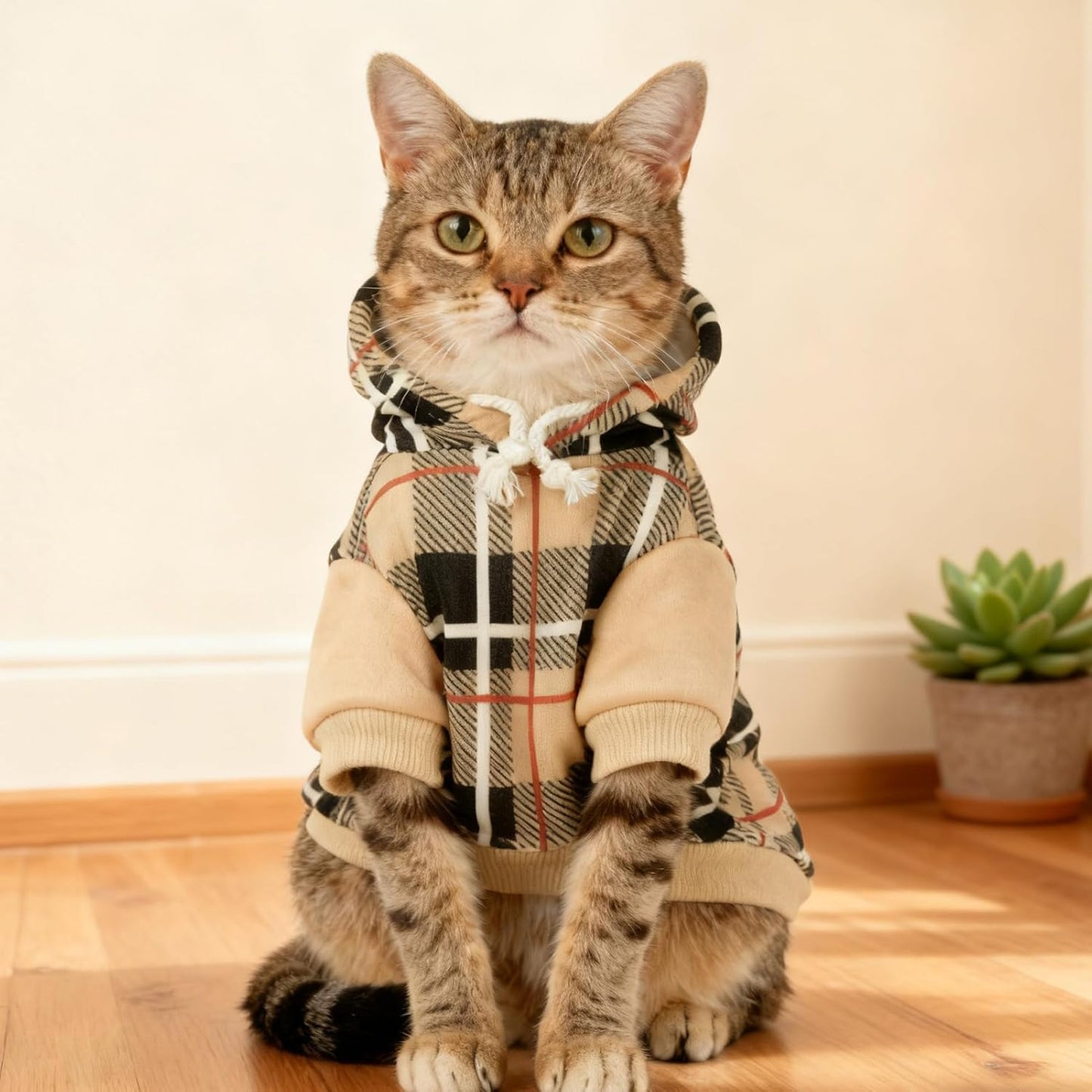 EXPAWLORER Plaid Cat Hoodie - British Style Warm Cat Sweater Shirt with Leash Hole,Pet Clothes Outfits,Winter Coat Apparel for Puppy Cats Girl Boy-Kitten Apparel,Beige S