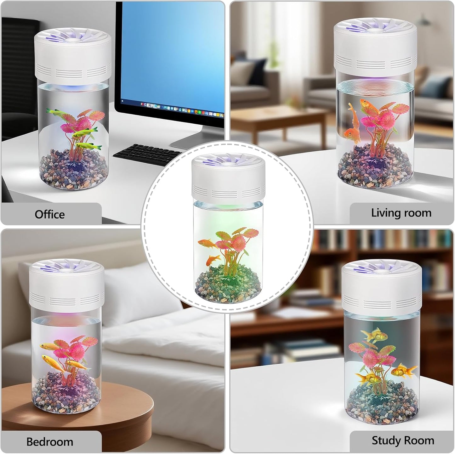Ecological Fish Tank with LED Attraction Light - Aquarium Starter Kit Includes Decorative Aquatic Plants & Sand - Desktop Small Plastic Transparent Fish Bowl Suitable for Living Room, Bedroom, Office