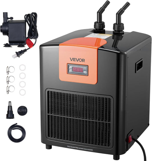 VEVOR Aquarium Chiller 110 Gallon, 1/3 HP Water Chiller for Hydroponics, Fast Cooling for Fish Tank,Axolotl,Coral Reef,Quiet Refrigeration Compressor, Titanium Evaporator,Complete Fittings