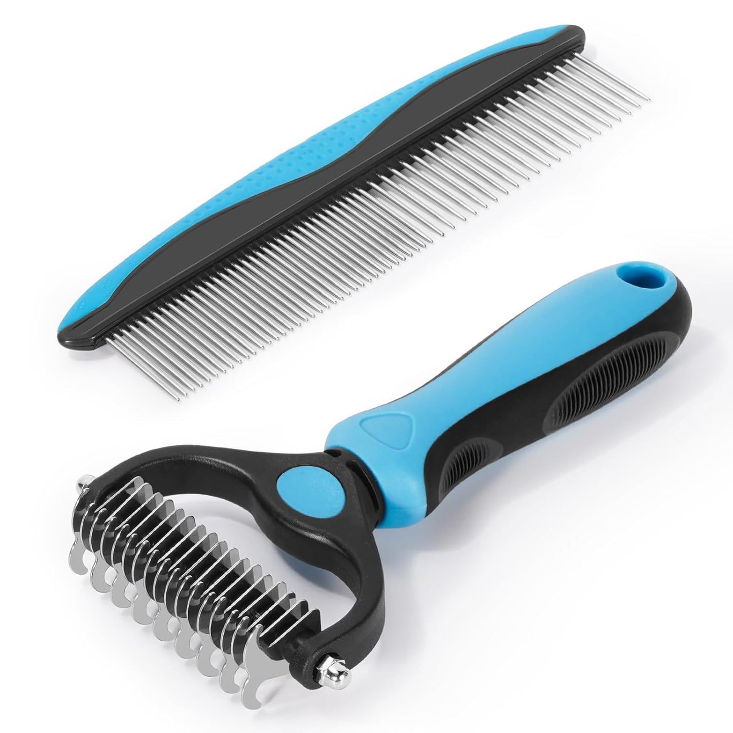 2-in-1 Pet Grooming Kit-Double-Sided Dematting Comb & Flea Comb for Detangling Matted Fur on Dogs/Cats/Rabbits-Effective Cat Brush & Dog Brush for Shedding（Blue