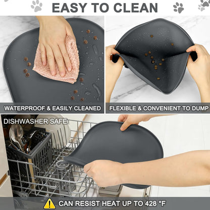 Small Silicone Pet Food Mat with Raised Edge for Food and Water Bowl, Square Dog Feeding Mats, Cat Food Trays for Floor Waterproof, Rubber Tray for Dogs and Cats, 12 x 12 x 0.7 Dark Grey
