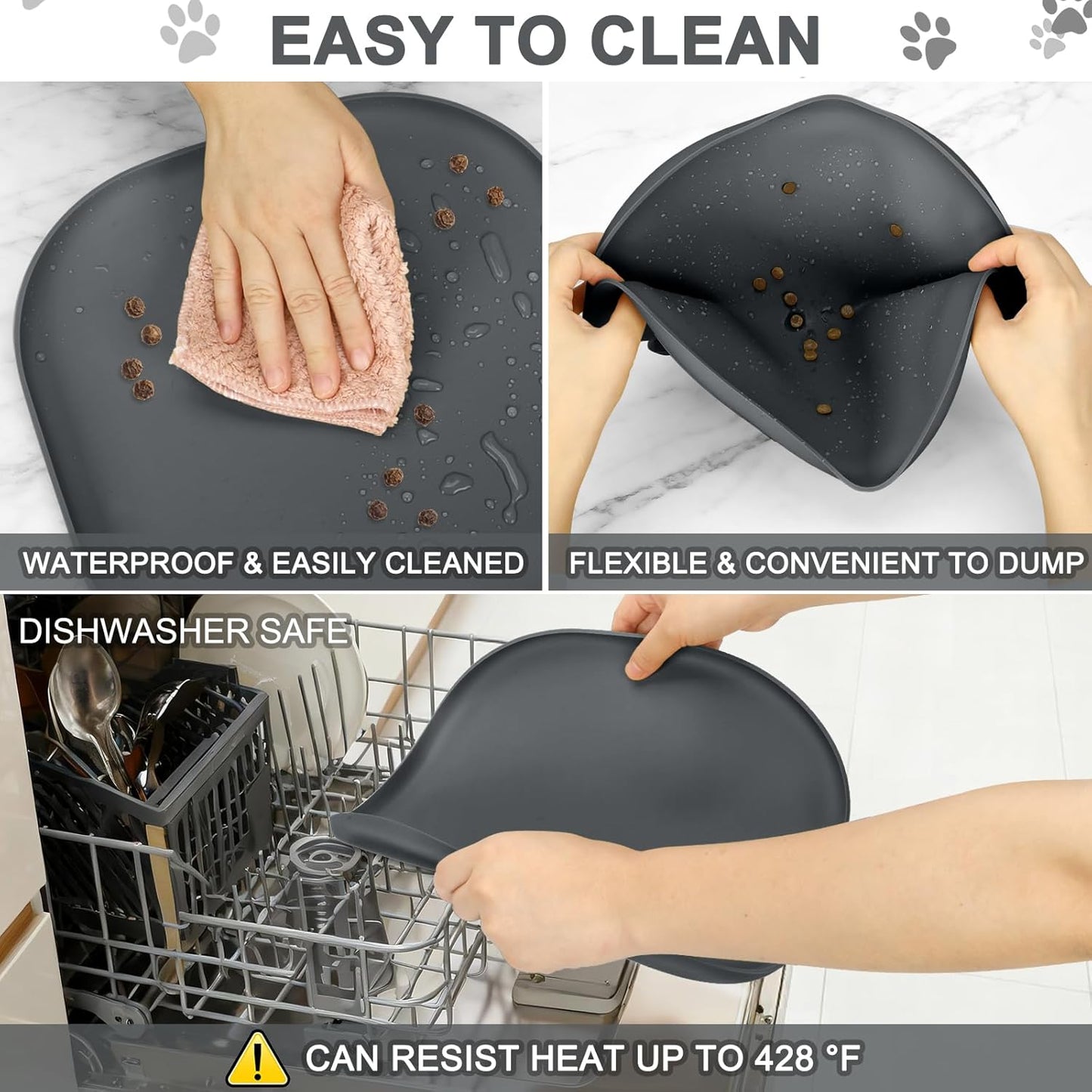 Small Silicone Pet Food Mat with Raised Edge for Food and Water Bowl, Square Dog Feeding Mats, Cat Food Trays for Floor Waterproof, Rubber Tray for Dogs and Cats, 12 x 12 x 0.7 Dark Grey