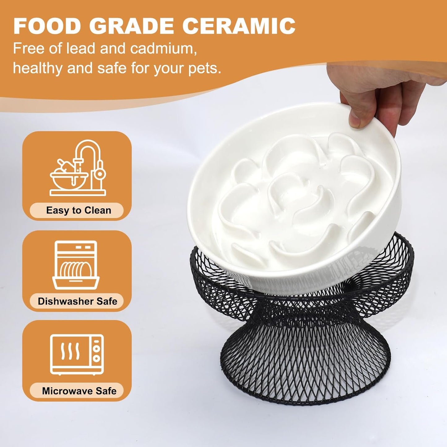 Raised Ceramic Cat Slow Feeder Bowl, Elevated Cat Plate with Stand, Slow Bowl for Wet and Dry Food, Whisker Friendly Pet Feeder for Kitten and Small Dog Perfect for Pet Gift