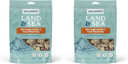 Icelandic+ Land & Sea Wild Caught Cod Skin & Freeze-Dried Turkey - 2.4oz Bag, Dog Treat & Food Topper, 2 Ingredients, No Preservatives, All Natural (Pack of 2)