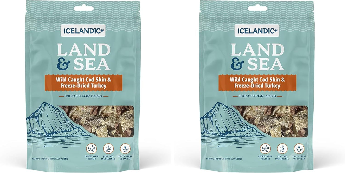 Icelandic+ Land & Sea Wild Caught Cod Skin & Freeze-Dried Turkey - 2.4oz Bag, Dog Treat & Food Topper, 2 Ingredients, No Preservatives, All Natural (Pack of 2)