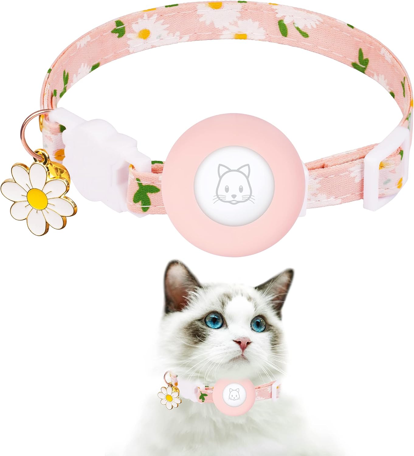 Airtag Cat Collar, JXFUKAL Kitten Collar Breakaway with Silicone Airtag Holder, Bells & Flower Charm for Girl Cats Boy Cats Small Dogs(Pink)