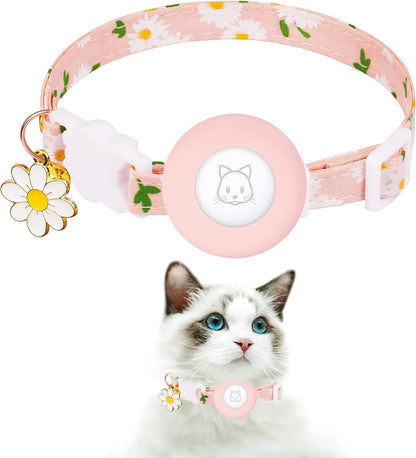 Airtag Cat Collar, JXFUKAL Kitten Collar Breakaway with Silicone Airtag Holder, Bells & Flower Charm for Girl Cats Boy Cats Small Dogs(Pink)