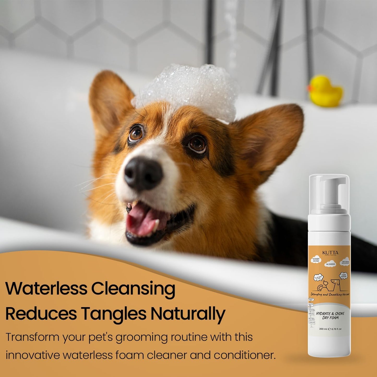 Kutta Hydrate & Shine Dry Foam - Natural Silk Protein Waterless Bath Foam for Dogs and Cats, Gentle Daily Coat Care with Lavender Oil, Detangling Formula 200ml/6.7 oz