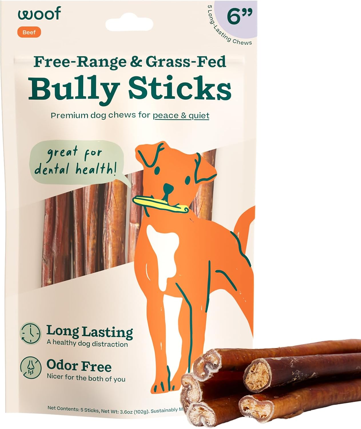 WOOF Bully Sticks Dog Treats - Chew Sticks for Dogs - Long-Lasting Dog Chew Treats - Made with Free-Range, Grass-Fed Beef - 6" Sticks - 5pk