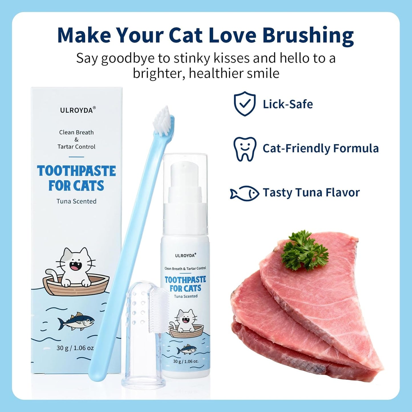 Cat Dental Care Kit – Tuna Flavor Toothpaste 1.06 oz with Toothbrush & Finger Brush | Gentle Formula, Fresh Breath & Plaque Control