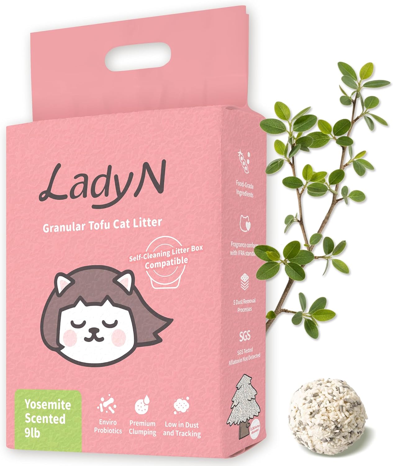 Lady N Granular Tofu Cat Litter Mini-Pellet Compatible with Automatic Self-Cleaning Cat Litter Box, Premium Clumping Ultra Absorbent, Low Tracking, Odor Control 9lb Yosemite Scent
