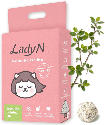 Lady N Granular Tofu Cat Litter Mini-Pellet Compatible with Automatic Self-Cleaning Cat Litter Box, Premium Clumping Ultra Absorbent, Low Tracking, Odor Control 9lb Yosemite Scent