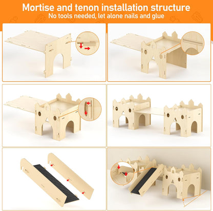 Guinea Pig Hideout House, Deluxe Wooden Hamster Hideout with Climbing Ladder & Rest Zone, Bunny Castle Tower Toy for Guinea Pig Chinchilla Gerbil Hedgehog Small Animal House Habitat Hut
