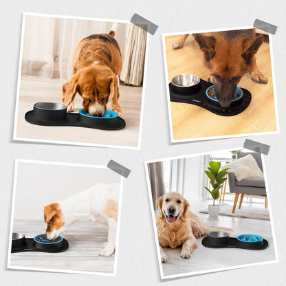 MateeyLife Dog Food and Water Bowl Set 3 in 1, Dog Bowls Slow Feeder & Stainless Steel Water Bowl with Non-Spill Silicone Mat, Cat and Puppy Bowls Pet Dishes for Small Medium Large Breed Anti-Choking