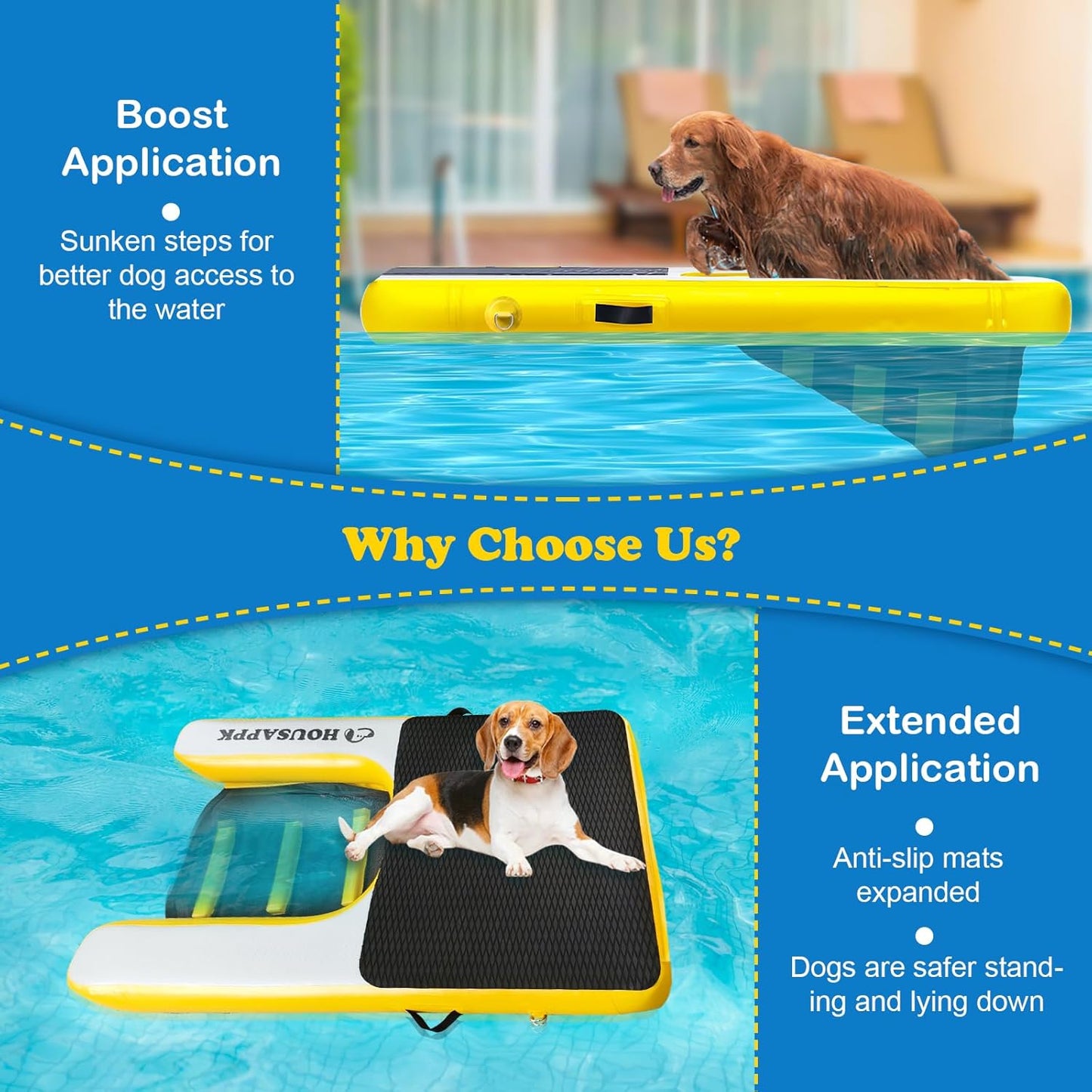 Dog Pool Ramp,Lengthen,59 × 35.4 Inches Non Slip,Non Puncture Dog On Water Ramp with Ladder for Boats, Pool，Docks,Max Load 265 Lbs for Large DogsClimb Out of The Water