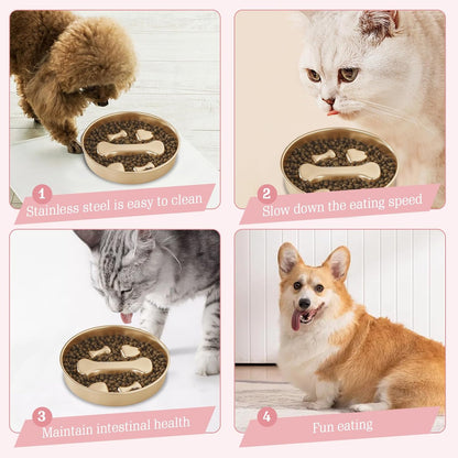 Golden Stainless Steel Slow Feeder Dog Bowls – Non-Slip Metal Dog Bowl for Large & Medium Breeds, Puppy Puzzle Feeder – 2 Cup Capacity for Small to Big Pets – Durable Slow Feed Dog & Cat Food Dish