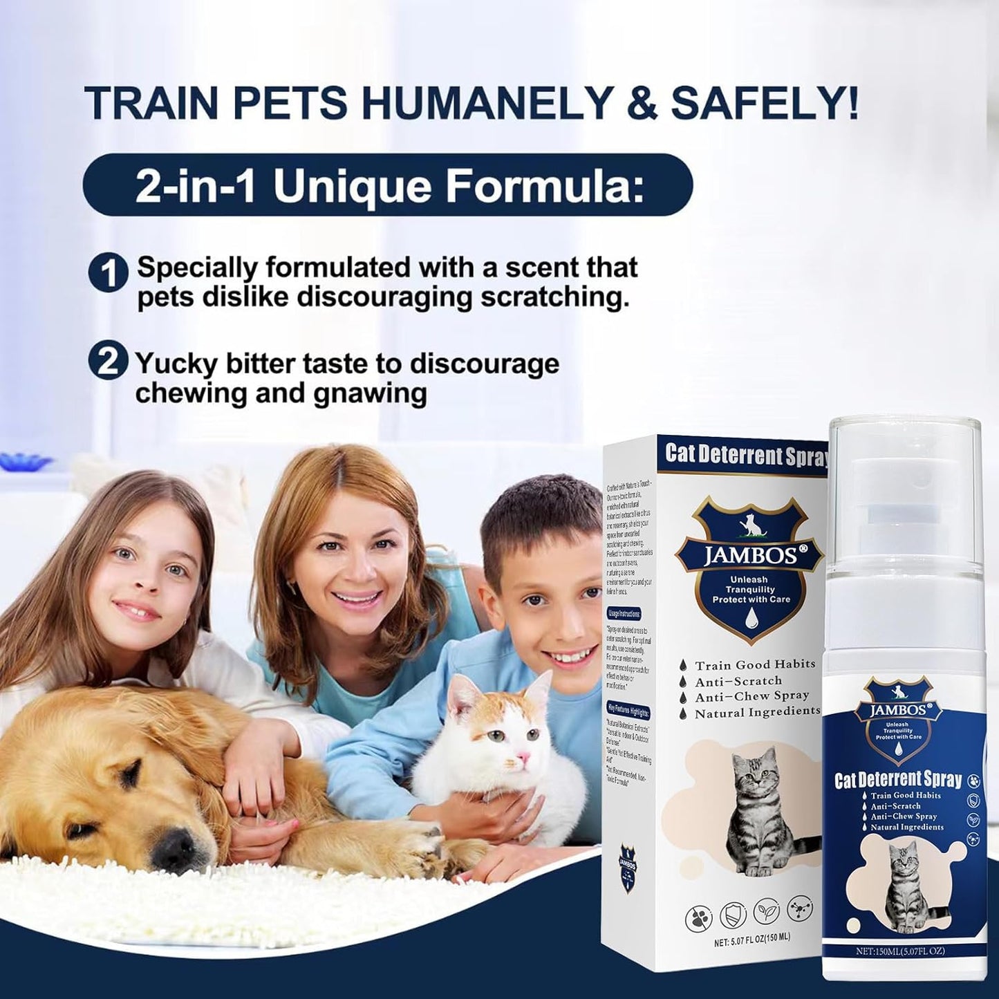 Cat Deterrent Spray - Safe Indoor & Outdoor Deterrent for Furniture Protection, Effective Training Aid with Natural Ingredients - Non-Toxic Anti-Scratch Formula (Blue, M)