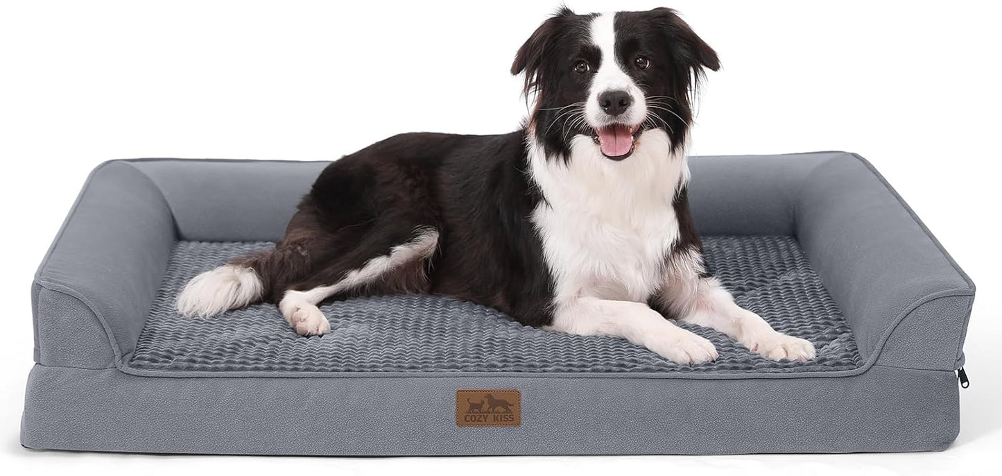 Orthopedic Dog Bed for Large Dog, XL Pet Sofa for Extra Large Dog, Big Supportive Foam Bolster U Shaped Couch with Waterproof Lining Cover, Anti-Slip, Comfort, Washable, 42x30x7.5 inch, Grey