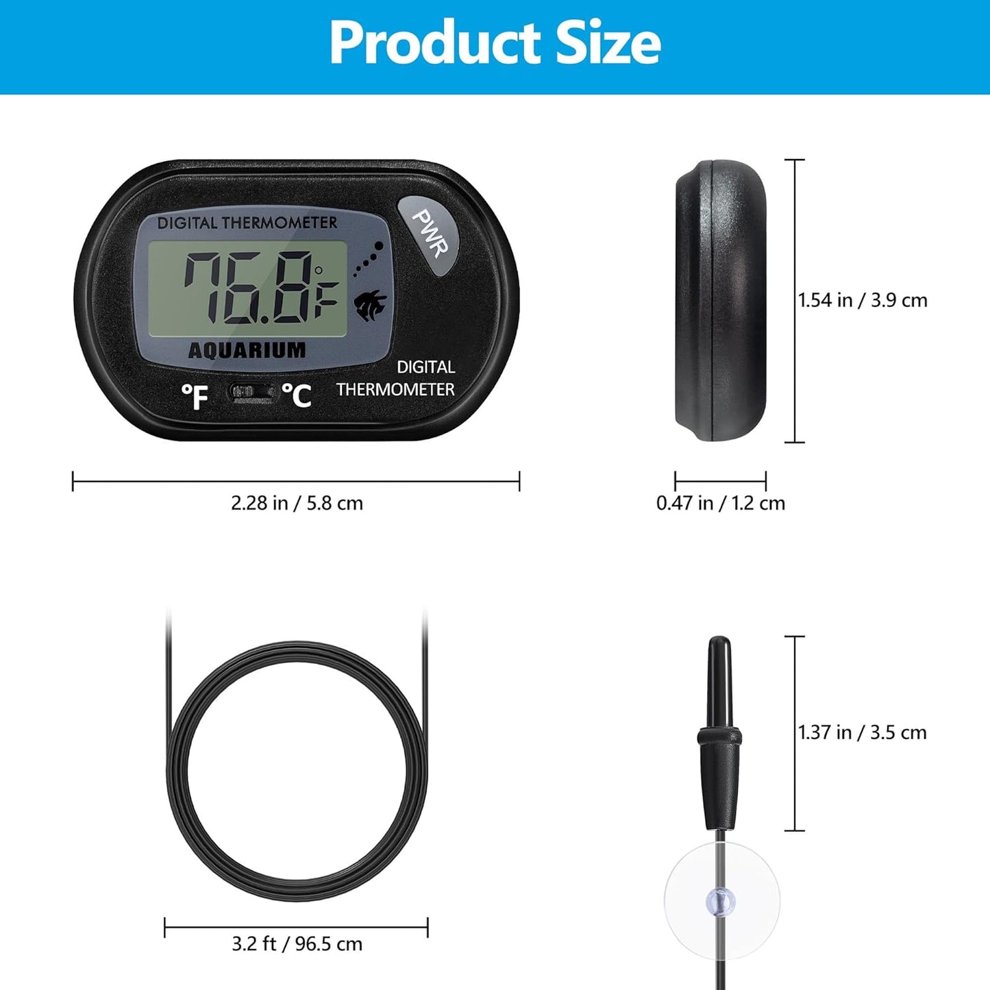 Aquarium Thermometer with Large LCD Display Fahrenheit/Celsius(℉/℃) Fish Tank Thermometer for Aquarium Reptile Terrarium Digital Water Thermometer with Suction Cup
