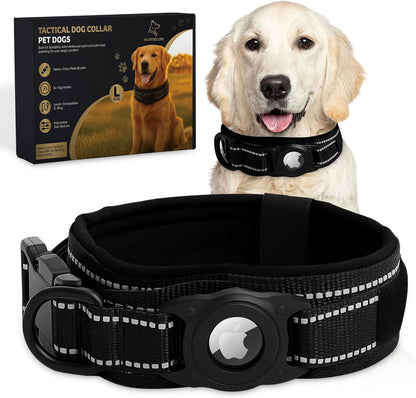 Upgraded AirTag Dog Collar, Waterproof Tactical Dog Collar with AirTag Holder with Reflective, Ultra-Durable, Comfortable Padded, Heavy Duty Dog Collars for Medium to Large Dogs (L Black)