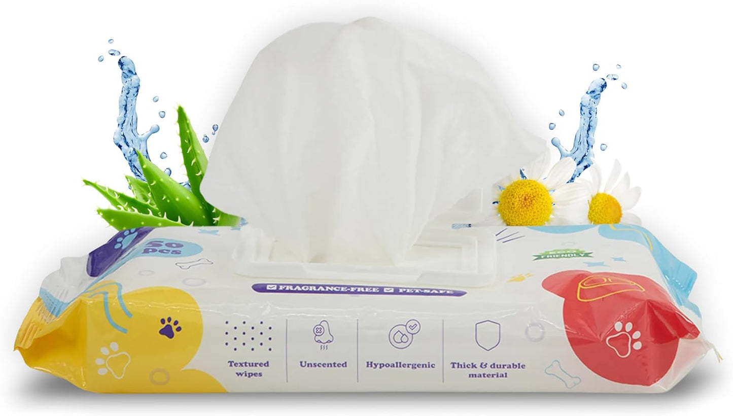 PETSWORLD Pet Wipes for Dogs & Cats, Unscented, Hypoallergenic, Chemical-Free, Biodegradable (98%), Thick & Durable, Textured Grooming Wipes (Unscented, 50 Count)