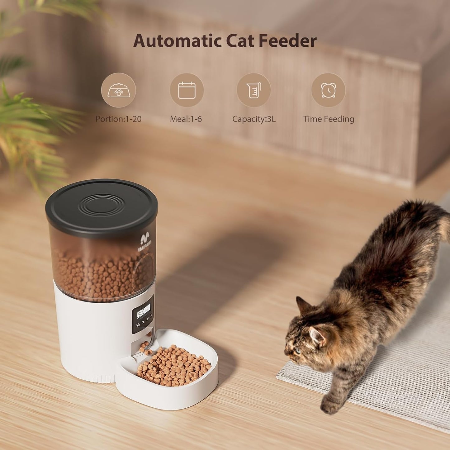 IMIPAW Automatic Cat Feeders, 3L Timed Cat Dry Food Dispenser with Desiccant Bags, Dual Power Supply, Programmable Portion Size, 6 Meals, 20 Portions Per Day, Auto Pet Feeder for Cats and Small Dogs