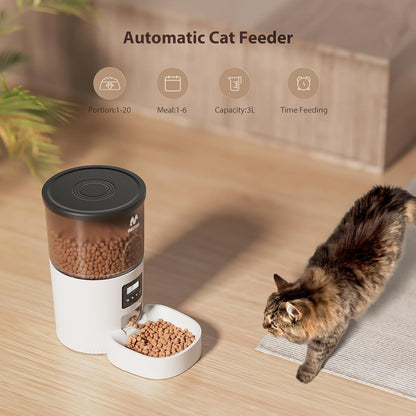 IMIPAW Automatic Cat Feeders, 3L Timed Cat Dry Food Dispenser with Desiccant Bags, Dual Power Supply, Programmable Portion Size, 6 Meals, 20 Portions Per Day, Auto Pet Feeder for Cats and Small Dogs