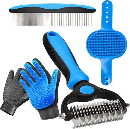4 Pack Pet Grooming Kit - Deshedding Rake, Fine Tooth Comb, Grooming Gloves & Bath Brush for Dogs,Cats and Horses - Skin Friendly Deshedding Grooming Tool (Blue)