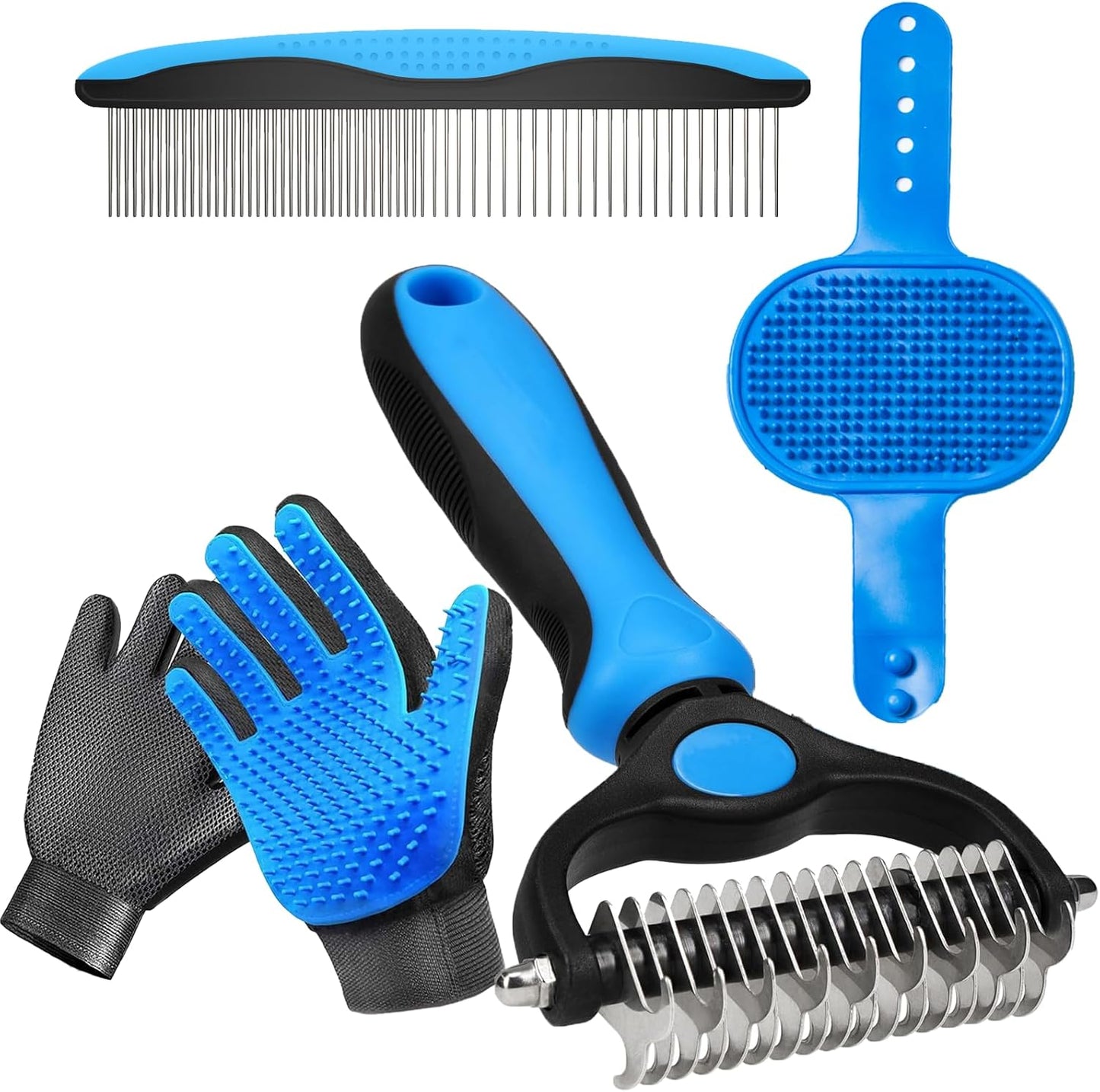 4 Pack Pet Grooming Kit - Deshedding Rake, Fine Tooth Comb, Grooming Gloves & Bath Brush for Dogs,Cats and Horses - Skin Friendly Deshedding Grooming Tool (Blue)