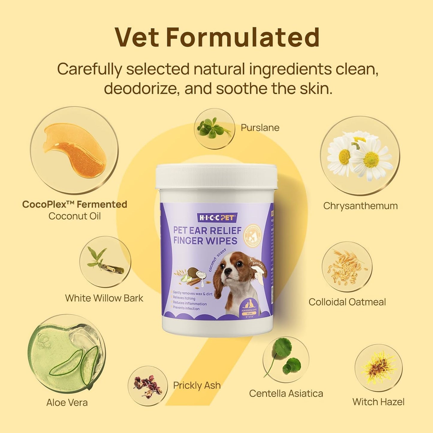 HICC PET Ear Cleaner Finger Wipes for Dogs & Cats, Vet-Recommended Dog Ear Infection Treatment to Relief Itching & Inflammation, Remove Wax, Dirt & Stop Smelly, Non-Irritating, 50ct(Coconut Scent)
