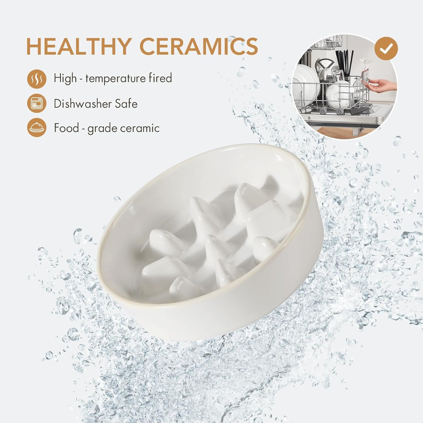 Ceramic 0.9 Cup Raised Slow Feeder Dog Food and Water Bowl Set, Elevated 6.1inch Bowl and 6.1inch Dish with Acacia Wood Stand for Small Dogs (2 x Reactived Glaze -White+ Stand)