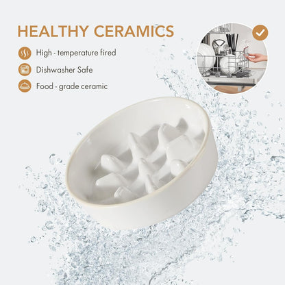 Ceramic 0.9 Cup Raised Slow Feeder Dog Food and Water Bowl Set, Elevated 6.1inch Bowl and 6.1inch Dish with Acacia Wood Stand for Small Dogs (2 x Reactived Glaze -White+ Stand)