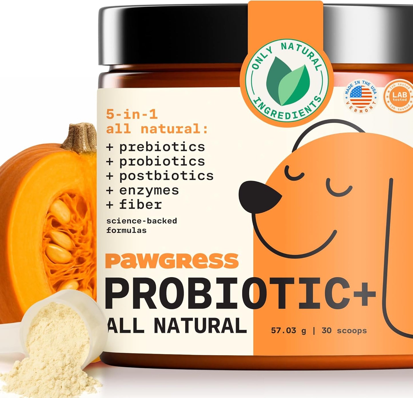 5-in-1 Dog Probiotic Powder – 100% Natural Gut Health Support with Prebiotics, Postbiotics & Enzymes – Crafted by Dog Nutritionist Kayla Kowalski, Made in USA – 30 Scoops