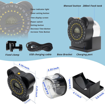 Fish Feeders for Aquariums LCD Display,Automatic Feeder USB,Up to 24 Feedings A Day, with Food Containers 280 ML Capacity, Fish Feeding Ring, Suitable for Vacation Weekend Day