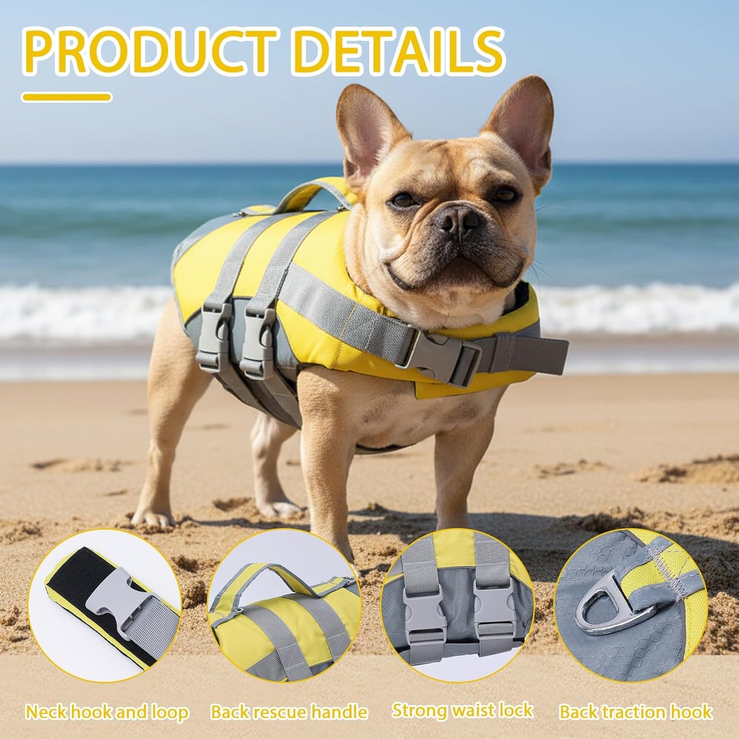 Geyecete Dog Life Jacket Large High-Visibility Life Vest for Dogs with Strong Buoyancy-Reflective with Handle for Swimming & Boating-Yellow-XL