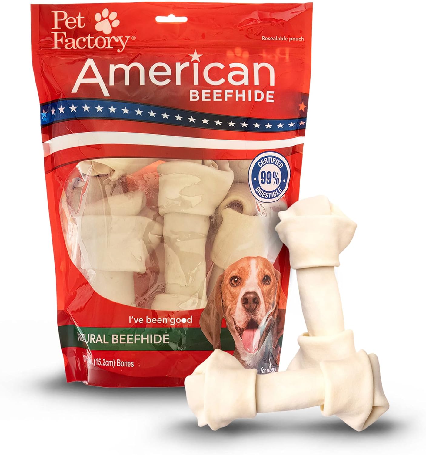 Pet Factory American Beefhide 6-7" Knotted Bones Dog Chew Treats - Natural Flavor, 10 Count/1 Pack