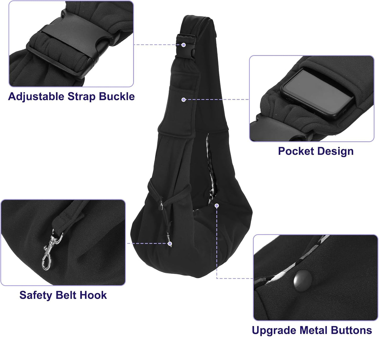 Dog and Cat Sling Carrier Up to 16.5 Lbs, Hand-Free Reversible Pet Sling Carrier with Adjustable Strap and Pocket, (Black, 1 Pcs) Intended for Hiking/Camping/Traveling