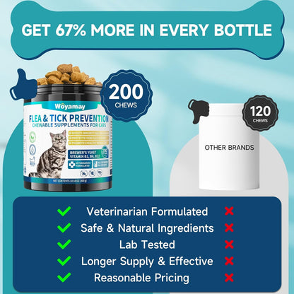 Flea Treatment for Cats, 200 Treats Flea and Tick Prevention for Cats Chewables, Natural Cat Flea and Tick Treatment Chews Daily Oral Flea Supplement, Kitten Cat Flea Treatment, Chicken Flavor