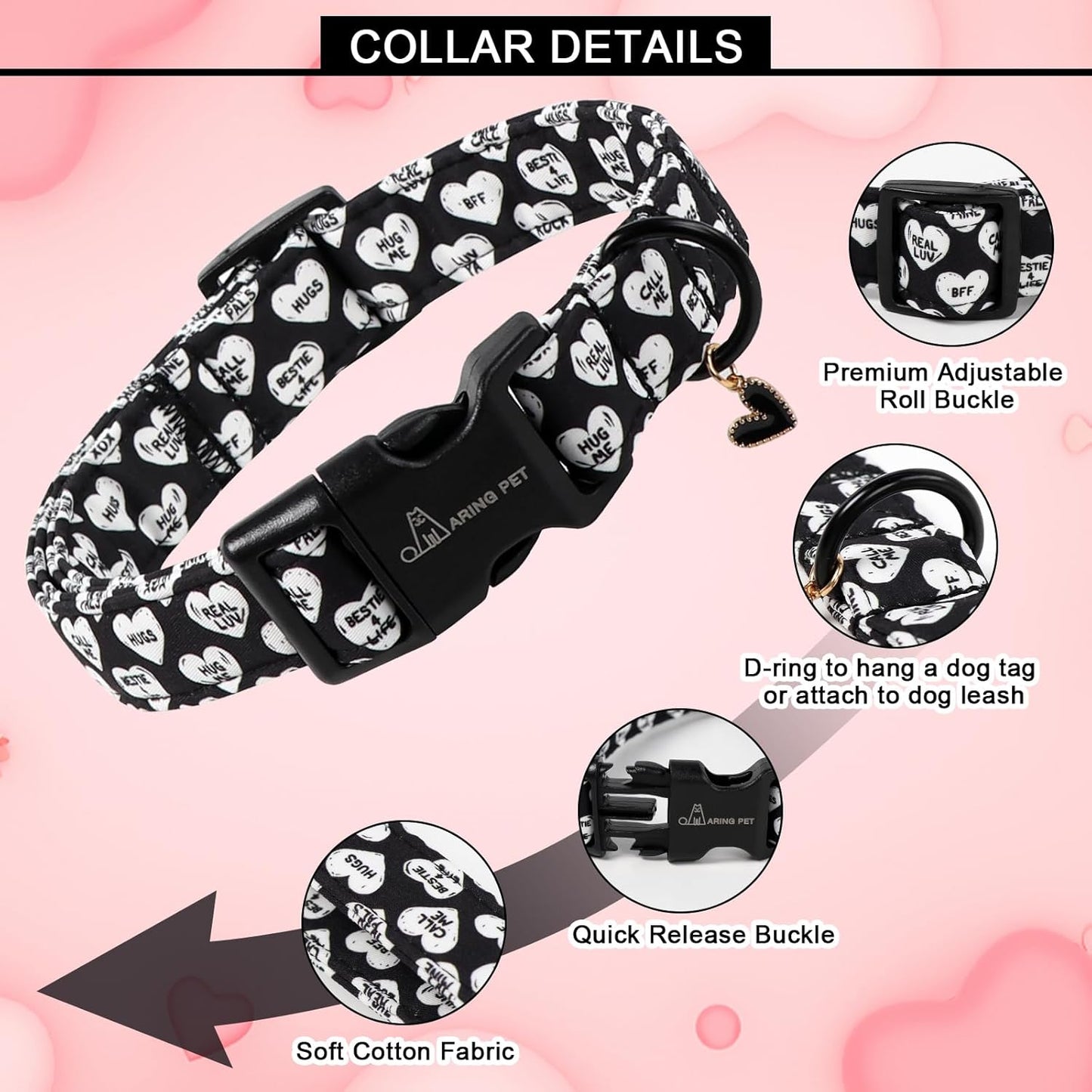 ARING PET Valentine's Day Dog Collar, Cute Black White Heart Puppy Pet Necklace for Small Medium Large Boy Girl Dogs-L