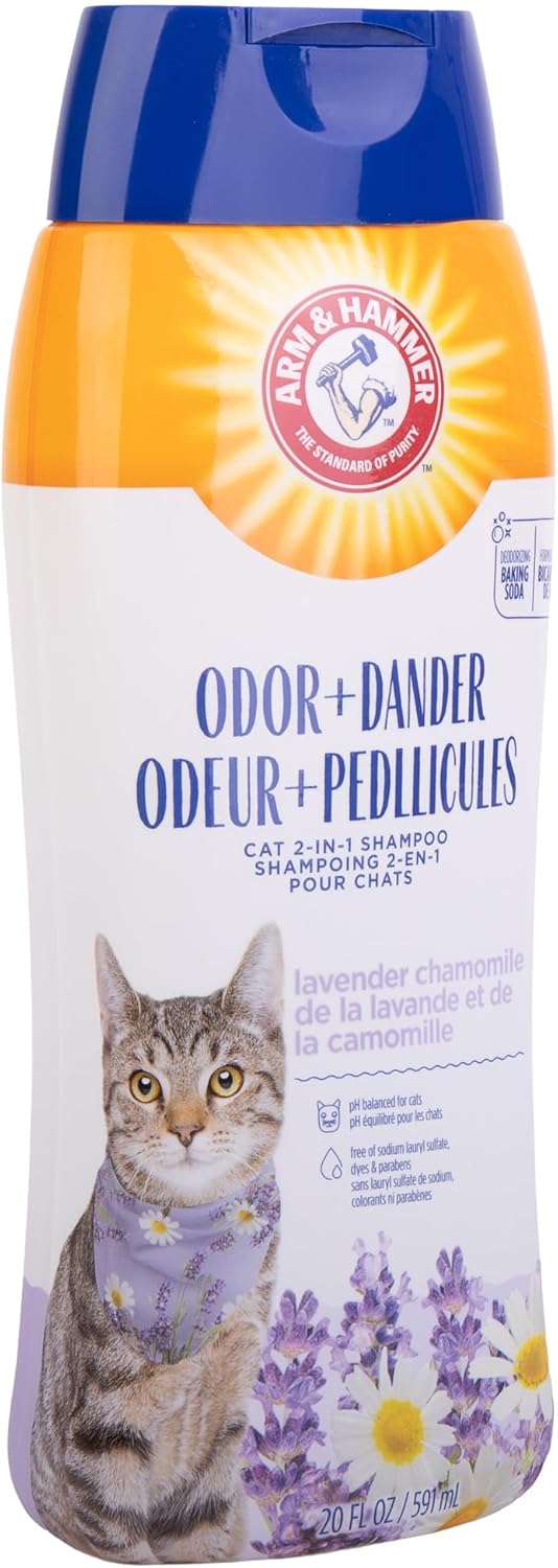 Arm & Hammer 2-in-1 Deodorizing & Dander Reducing Shampoo for Cats, Dander Remover for Dander and Odors, Baking Soda Moisturizes and Deodorizes, Lavender Chamomile Scent, 20 Fl Oz (Pack of 1)