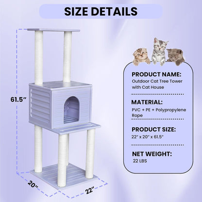61.5” Indoor and Outdoor Cat Tree Tower, Cat House for Outdoor Cats, Weatherproof Large Cat Condo with Scratching Posts for Catio