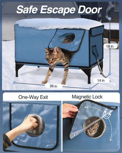 Heated Cat House for Outside Foam Board, Extremely Insulated Outdoor Cat House Escape Door, Weatherproof & Waterproof Awning, Elevated Feral Animal Shelter for Winter
