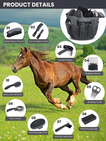 Horse Grooming Kit 12 Pcs – Complete Horse Brushes & Care Supplies Set with Organizer Tote Bag, Equine Coat Grooming Tools, Tack Room Equipment & Gifts for Horse Owners & Lovers