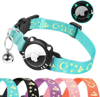 Cat Collar with Airtag Holder, Reflective Cats Collar Breakaway with Bell, Pet Tracker Compatible with Apple Air Tag for Kittens and Puppies, Blue, S(9-11 Inch)
