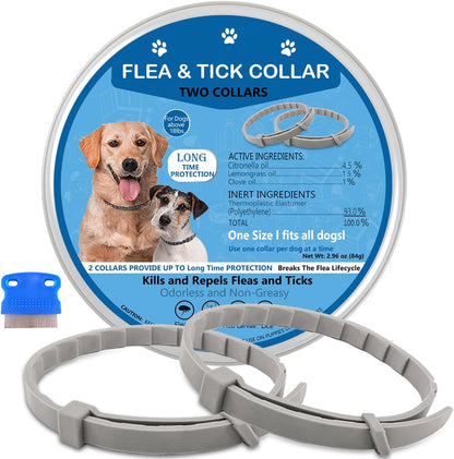 Flea Collar for Dogs, 2 Pack Collar for Dogs, 12 Months Protection, Waterproof, Adjustable One Size Fits All, Grey