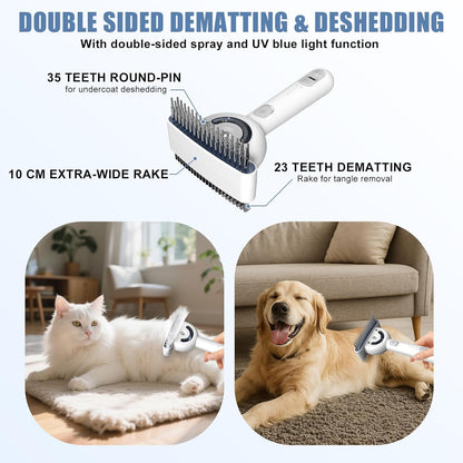 Double-Sided Pet Deshedding Dematting Comb & Steam Brush with 2 Spray Levels, Extra-Wide Detangling Undercoat Rake for Long-Hair Dogs & Cats Matted Fur, Knots, Rechargeable Grooming & Massage Tool