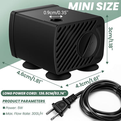 Mini Submersible Water Pump, Ultra Quiet Water Pump, 300L/H, for Turtle Tank, Fountains, Aquariums (5W, 79GPH)